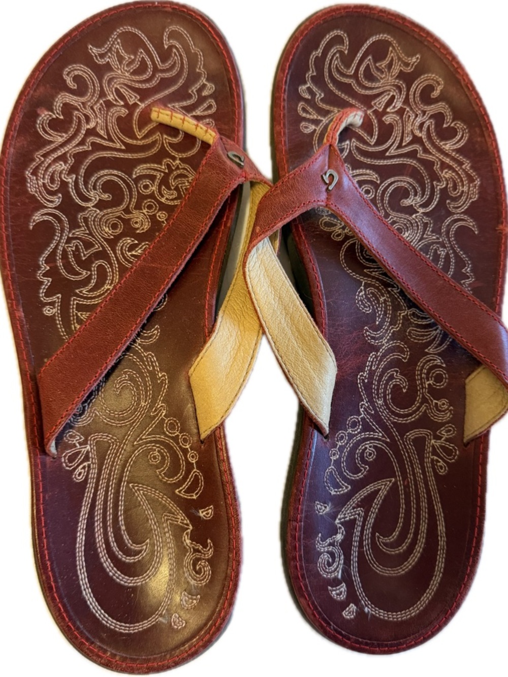 OluKai Women's Red and Tan Leather Flip Sandals